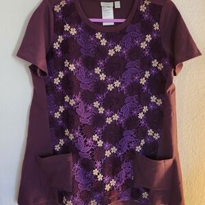 Purple Floral Lace Top with Pockets